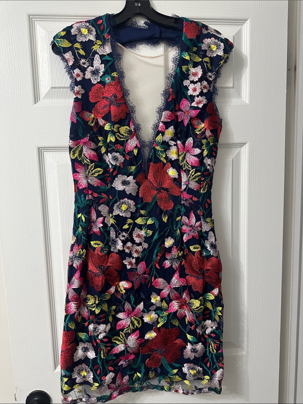 Aidan by Aidan Mattox Navy and Red Embroidered Cocktail Dress